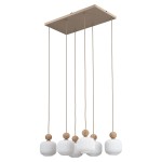 Lampa wisząca Ballo z sześcioma kloszami E14 w kolorze beżowym. Klosze mają okrągły kształt z delikatnym prążkowaniem, zawieszone na cienkich przewodach z drewnianymi kulkami. Montaż na płaskiej, prostokątnej podstawie.