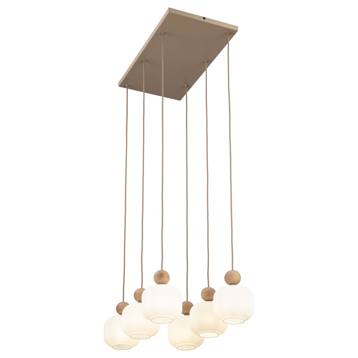 Lampa wisząca Ballo w kolorze beżowym z sześcioma kloszami E14, zawieszona na długich kablach. Klosze mają zaokrąglony kształt z teksturowanego szkła, a u góry ozdobione są drewnianymi elementami. Montaż na prostokątnej podstawie.