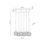 Lampa wisząca Ballo w kolorze beżowym, przeznaczona na 6 żarówek E14. Wymiary: długość 720 mm, wysokość 1100 mm, szerokość 600 mm. Posiada sześć lin do zawieszenia oraz okrągłe klosze o teksturowanej powierzchni.