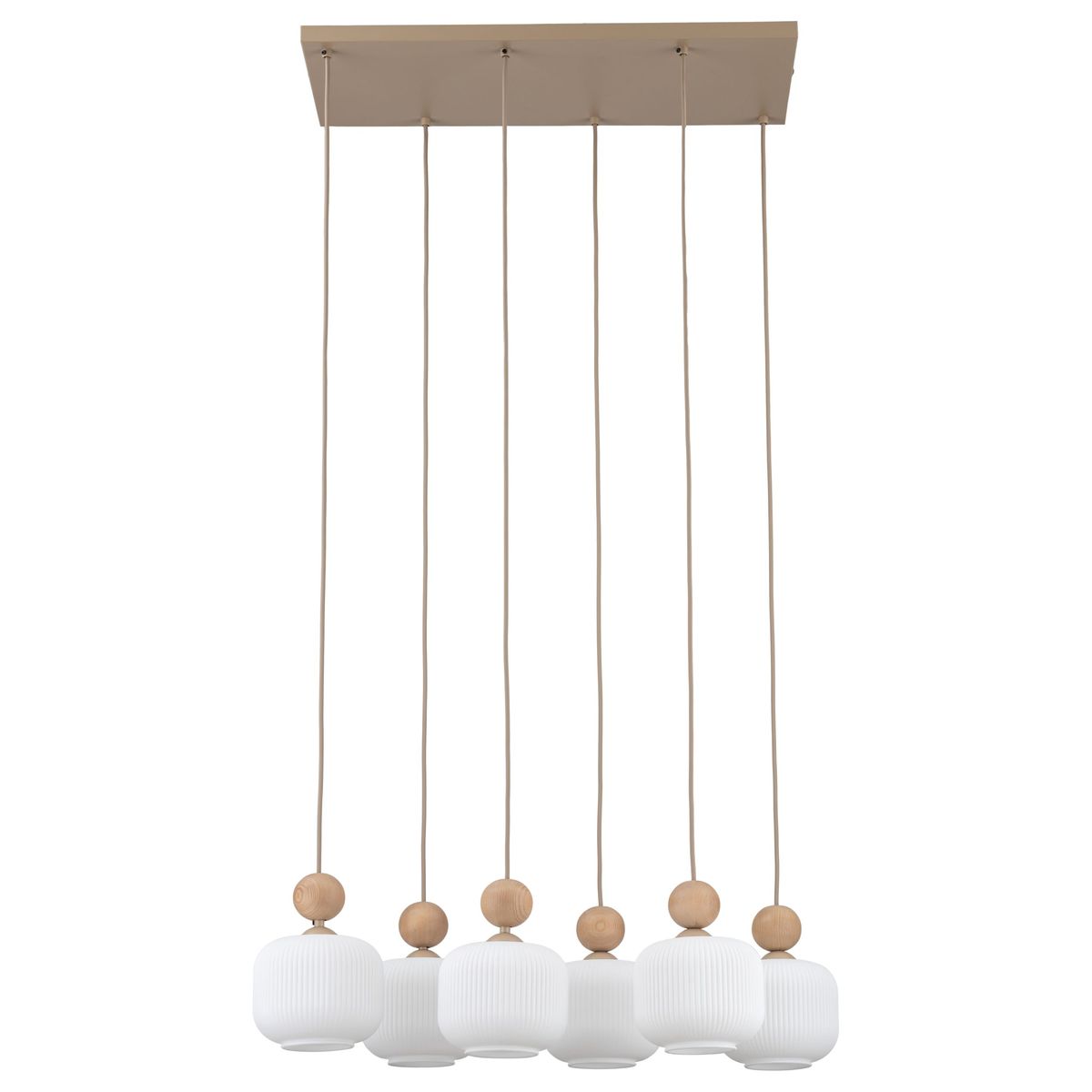 Ballo lampa wisząca w kolorze beżowym z sześcioma kloszami E14. Klosze mają okrągły kształt z delikatnym żłobieniem, zawieszone na cienkich linkach, z drewnianymi detalami u góry. Lampa montowana sufitowo, w nowoczesnym stylu.