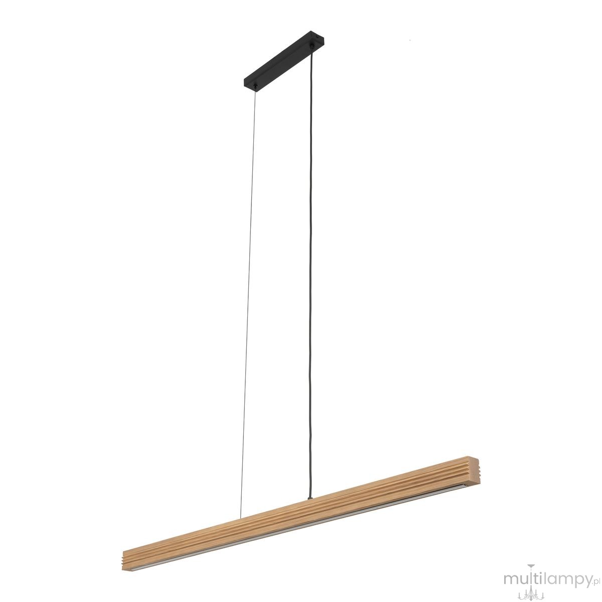 Lampa wisząca LED Viga Wood 14W 3000K w kolorze czarnym z elementami sosnowymi, o prostokątnym kształcie. Zawieszona na cienkich linkach, z nowoczesnym, minimalistycznym designem, idealna do nowoczesnych wnętrz.