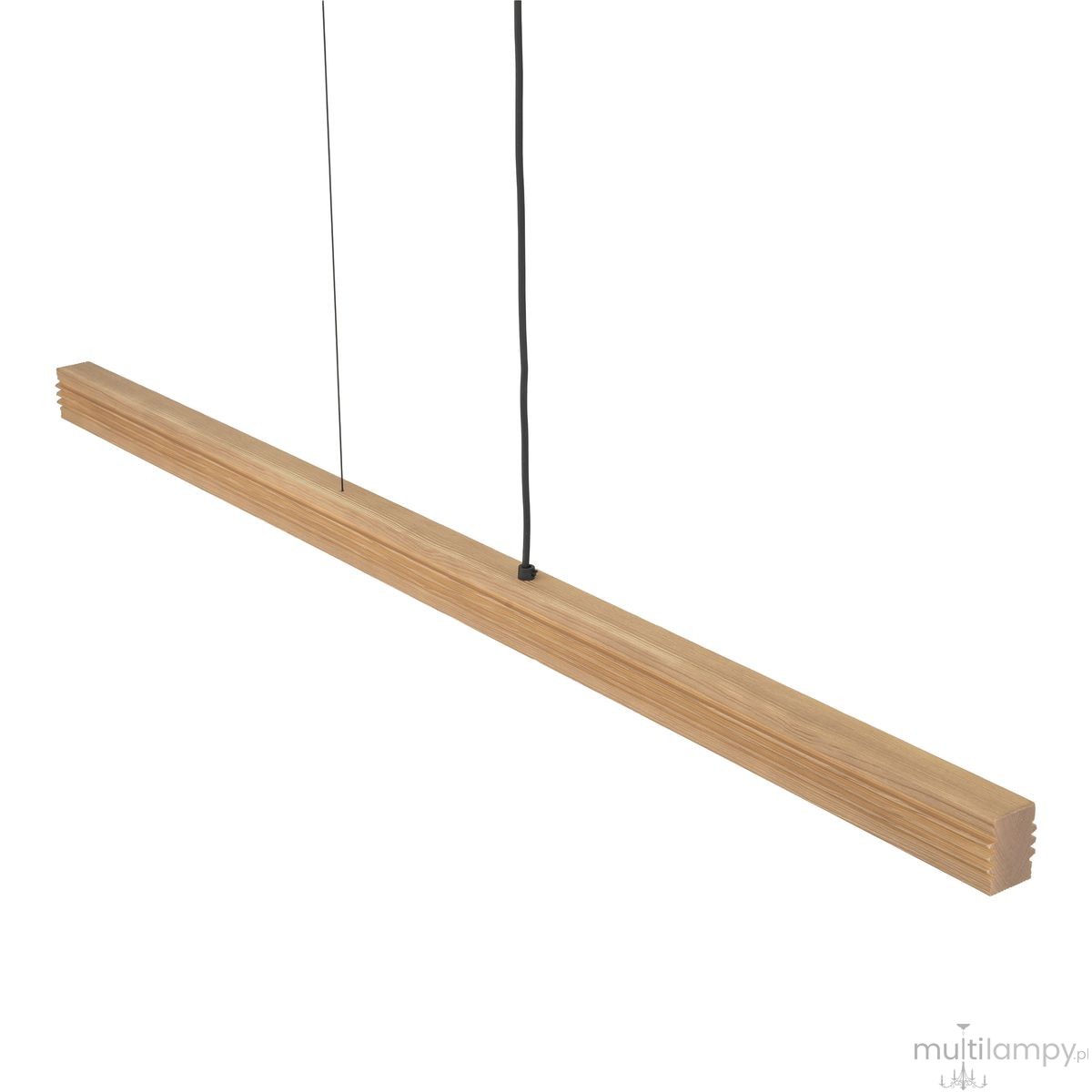 Czarna lampa wisząca LED Viga Wood 14W 3000K, wykonana z drewna sosnowego. Ma prostokątny kształt, zawieszona na dwóch cienkich linkach. Widoczna struktura drewna, naturalny kolor sosny, minimalistyczny design.