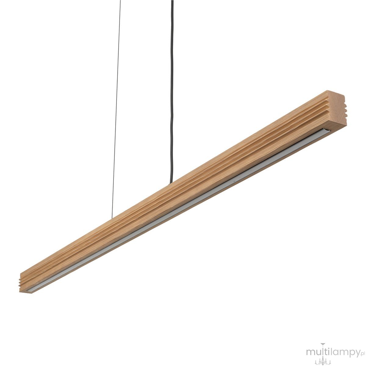 Lampa wisząca LED Viga Wood o mocy 14W, barwie światła 3000K. Konstrukcja w kolorze czarnym i sosnowym, o prostokątnym kształcie, zawieszona na czarnym przewodzie. Widoczna tekstura drewna i aluminiowa oprawa.