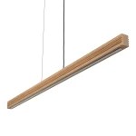 Lampa wisząca LED Viga Wood o mocy 14W, barwie światła 3000K. Konstrukcja w kolorze czarnym i sosnowym, o prostokątnym kształcie, zawieszona na czarnym przewodzie. Widoczna tekstura drewna i aluminiowa oprawa.