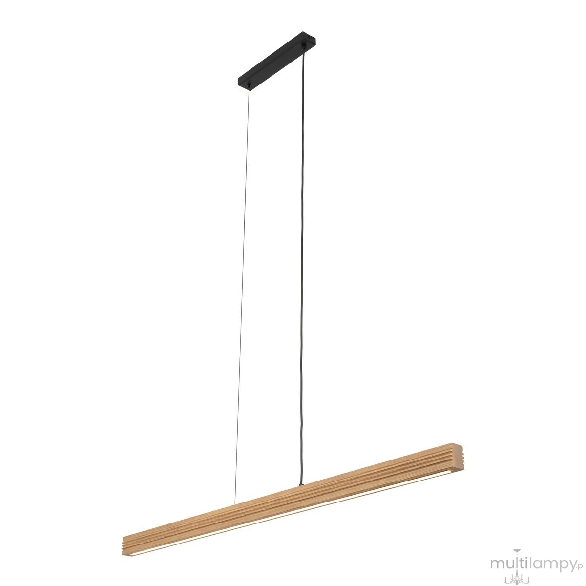 Lampa wisząca LED Viga Wood 14W 3000K w kolorze czarnym i sosnowym. Prosty, długi kształt z drewnianymi akcentami. Zawieszona na cienkich linkach, z prostokątną podstawą montażową u góry, na białym tle.