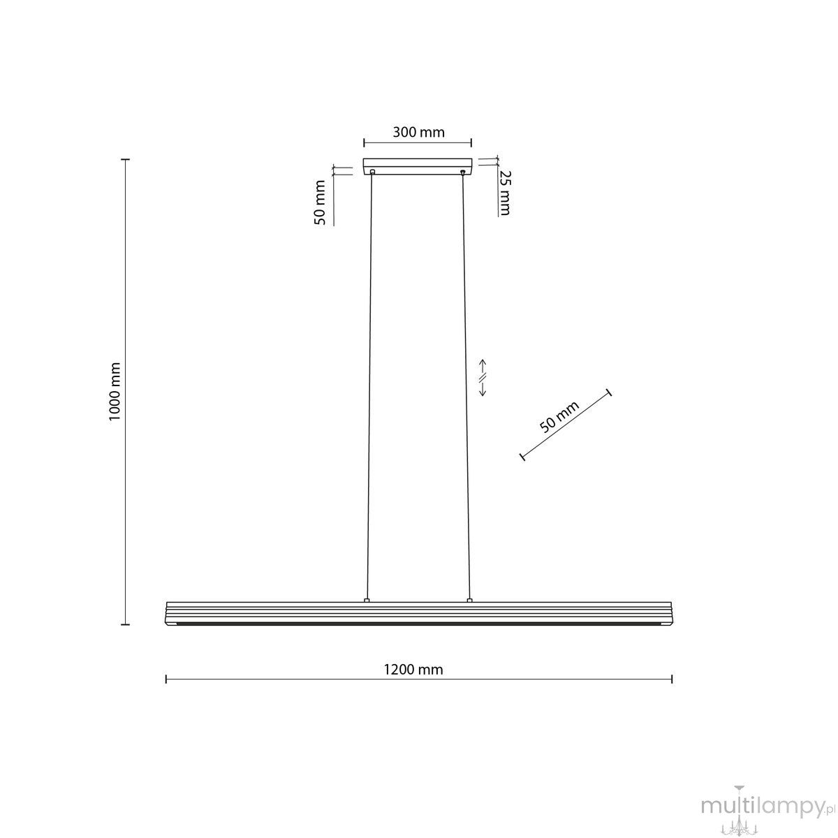 Lampa wisząca LED Viga Wood 14W 3000K w kolorze czarnym i sosnowym, o wymiarach 1200 mm długości i 300 mm szerokości, z prostokątnym, płaskim kloszem zawieszonym na cienkim przewodzie. Idealna do nowoczesnych wnętrz.