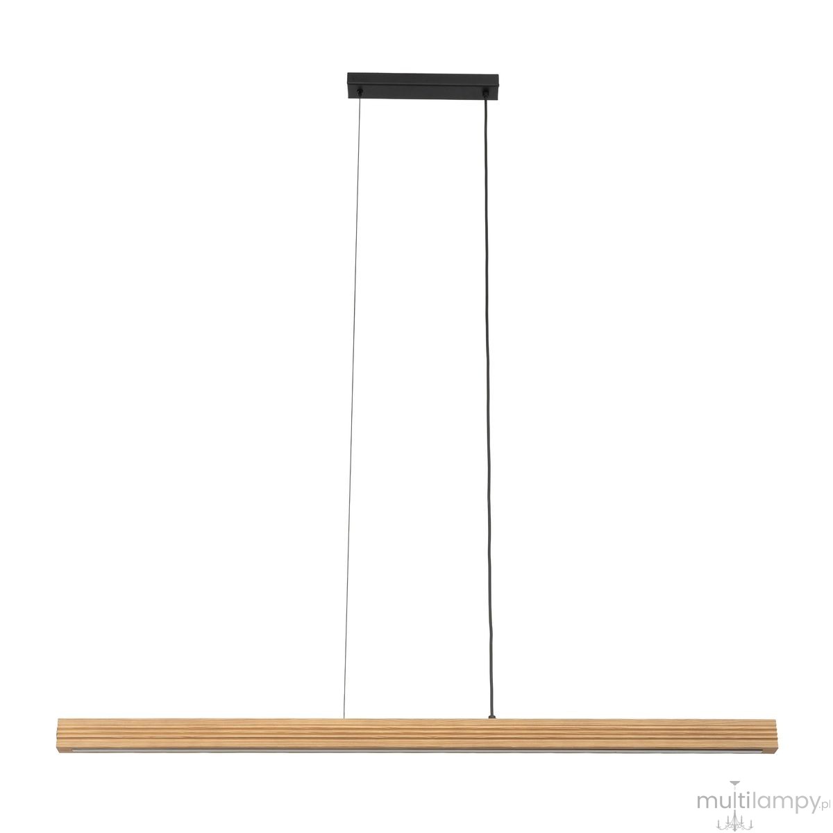Lampa wisząca LED Viga Wood 14W, kolor czarny z drewnianym elementem sosnowym. Prosta, pozioma konstrukcja, zawieszona na cienkich linkach. Źródło światła o ciepłej barwie 3000K, idealna do nowoczesnych wnętrz.