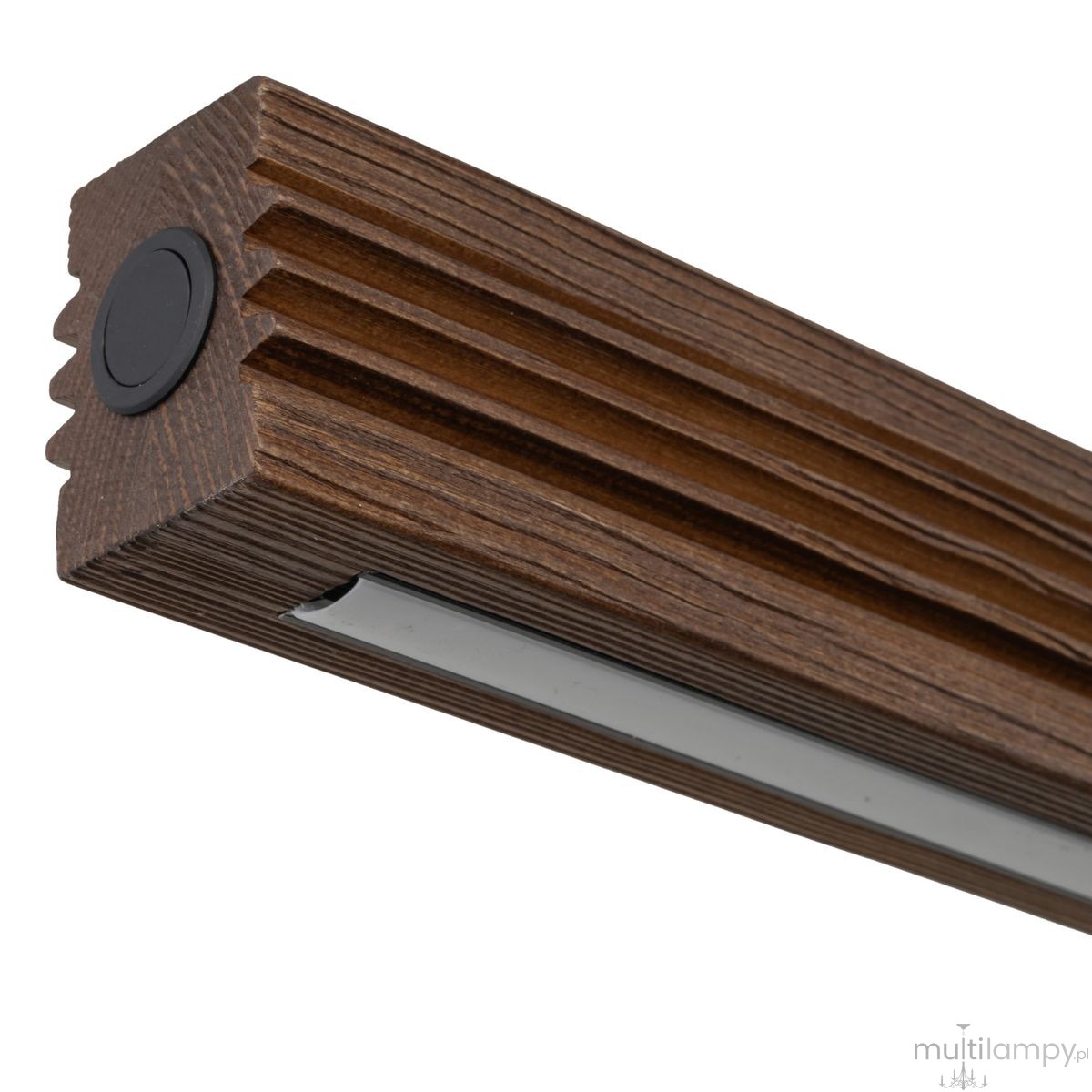 Czarna lampa wisząca LED Viga Wood o mocy 14W i ciepłej barwie światła 3000K. Wykonana z drewna orzechowego, z wyraźnym teksturowaniem i stylowym, prostym kształtem. Ujęcie z boku, ukazujące detale konstrukcji.