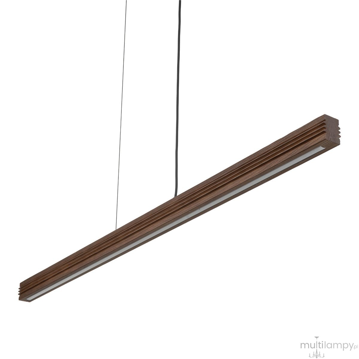 Lampa wisząca LED Viga Wood o mocy 14W i barwie 3000K, w kolorze czarnym z orzechowym wykończeniem. Prosty, prostokątny kształt z widocznym włączeniem lampy, zawieszona na czarnych przewodach.