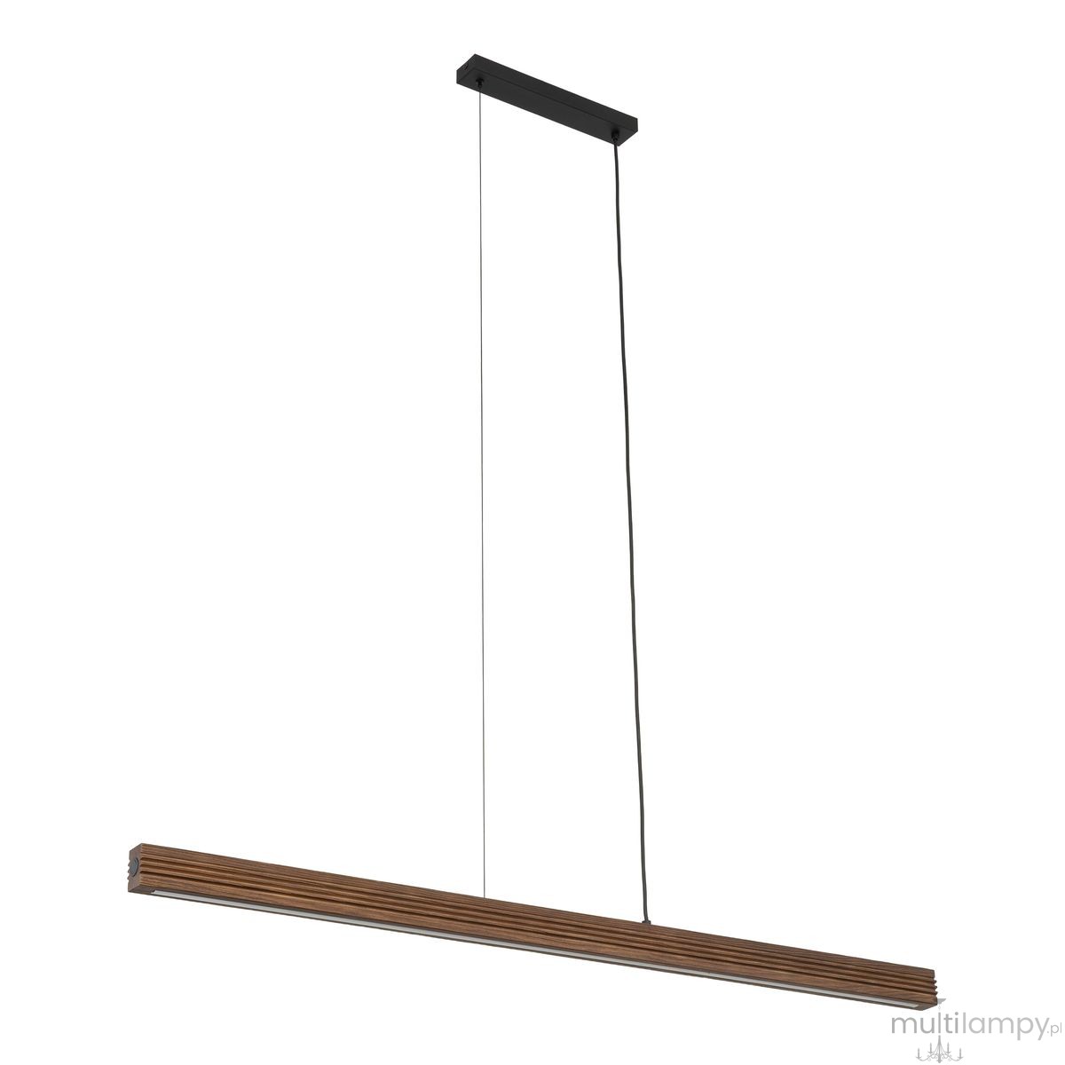 Lampa wisząca LED Viga Wood 14W 3000K w kolorze czarnym z orzechowym akcentem. Posiada prostokątny kształt z teksturowanym drewnem, zawieszona na cienkim przewodzie. Montaż sufitowy, minimalistyczny design.