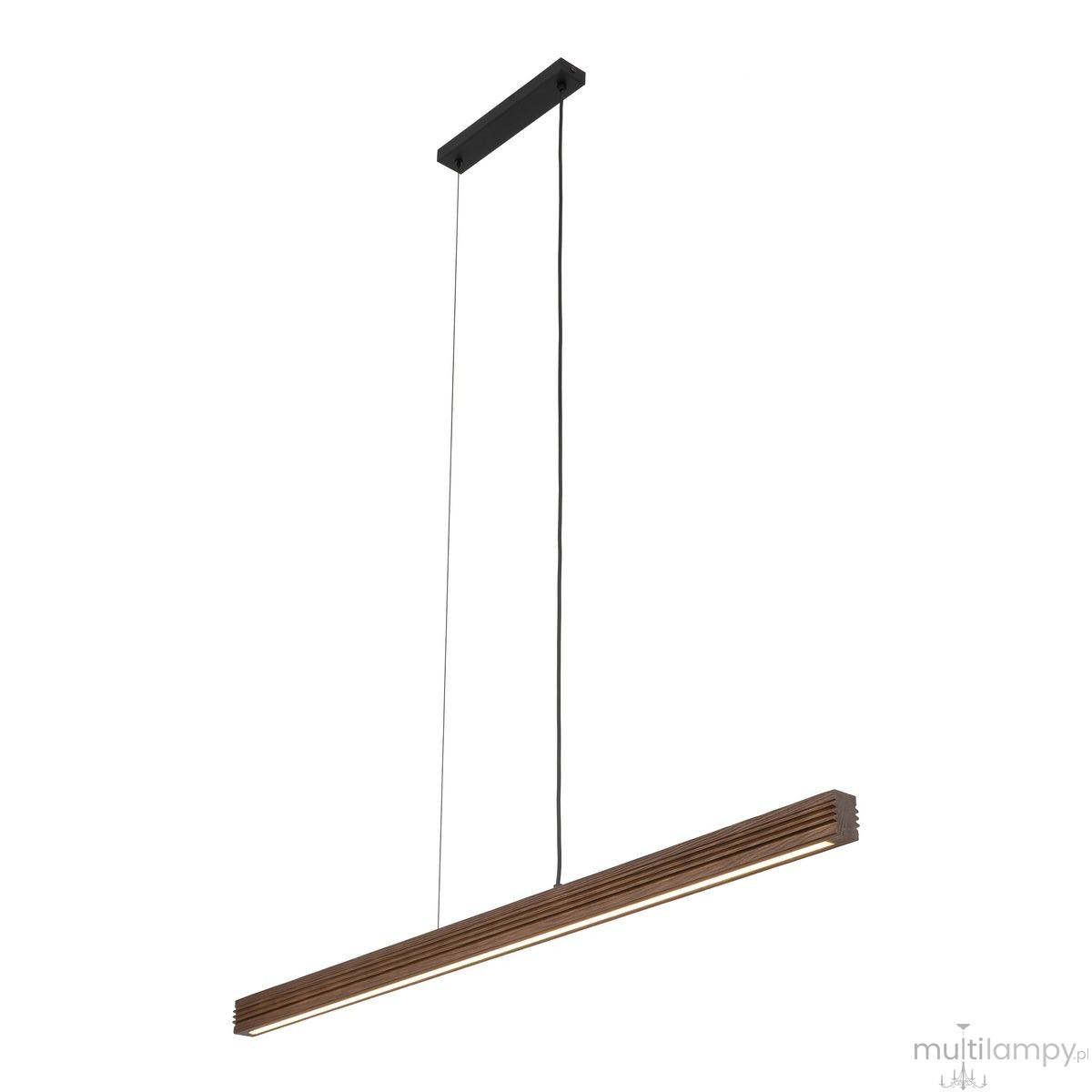 Czarna lampa wisząca LED Viga Wood o mocy 14W i temperaturze barwowej 3000K. Posiada prostokątny, orzechowy klosz z drewna, zawieszony na cienkich linkach z metalowym mocowaniem. Ujęcie frontalne, na białym tle.