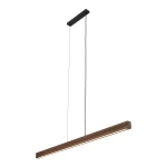 Czarna lampa wisząca LED Viga Wood o mocy 14W i temperaturze barwowej 3000K. Posiada prostokątny, orzechowy klosz z drewna, zawieszony na cienkich linkach z metalowym mocowaniem. Ujęcie frontalne, na białym tle.