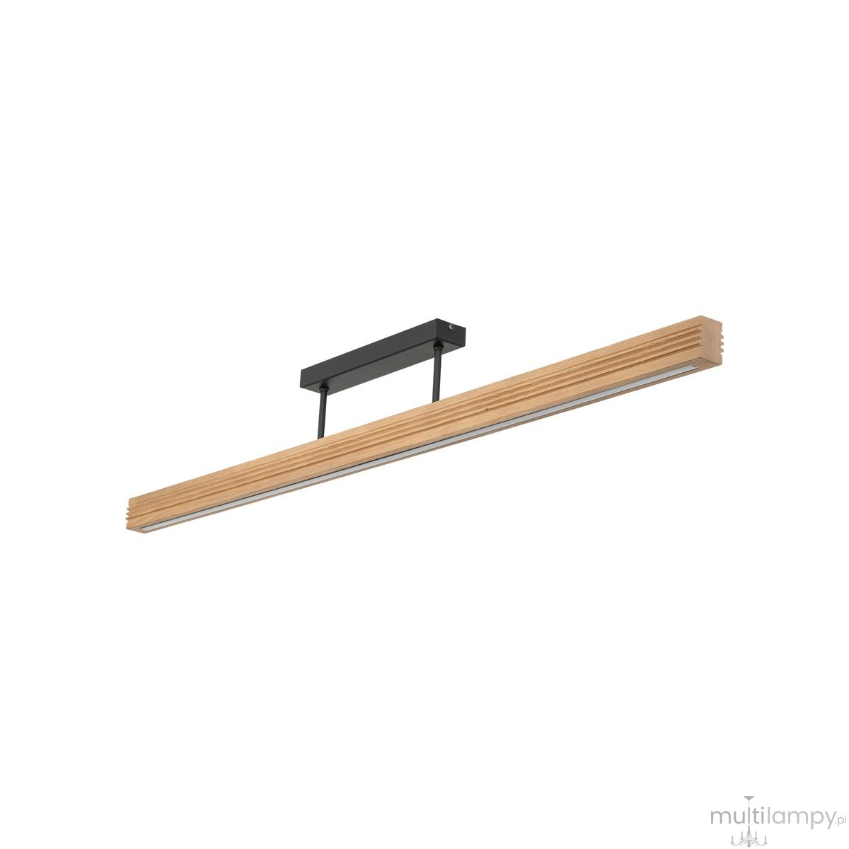 Lampa sufitowa LED Viga Wood 14W, 3000K w kolorze czarnym z drewnianym elementem w odcieniu sosny. Prosta, prostokątna konstrukcja zawieszona na metalowym uchwycie, widoczna w perspektywie z przodu, na jasnym tle.