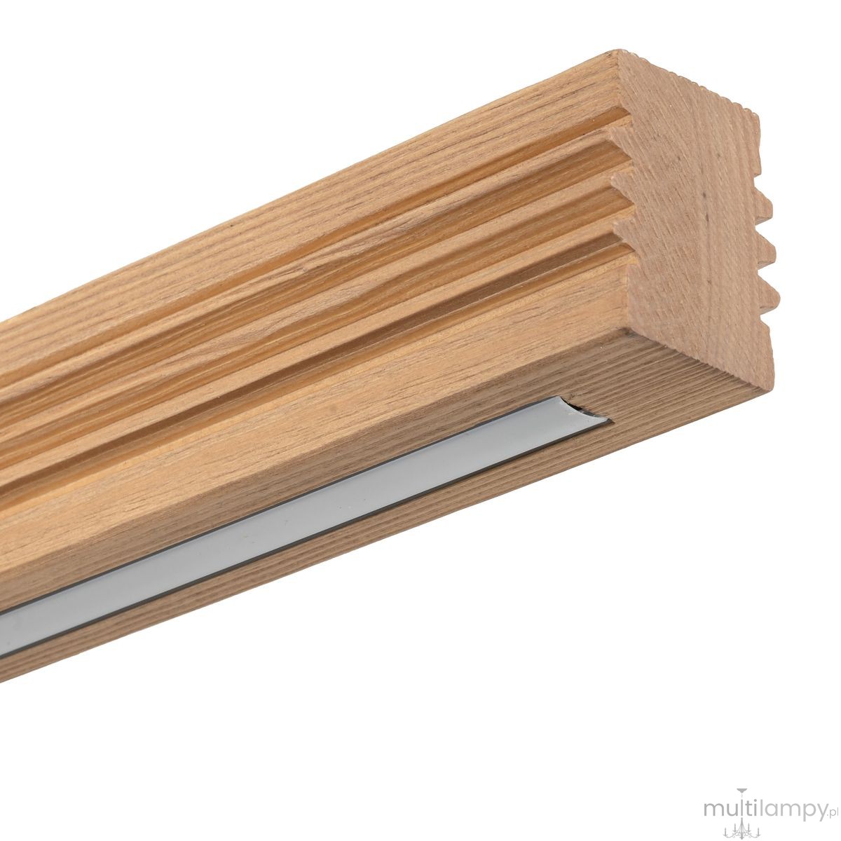 Lampa sufitowa LED Viga Wood o mocy 14W, kolor czarny/sosna. Widoczny detal w postaci drewnianego klosza z wyraźnym teksturowaniem, z metalowym elementem w środku. Ujęcie z boku, ukazujące kształt i wykończenie lampy.