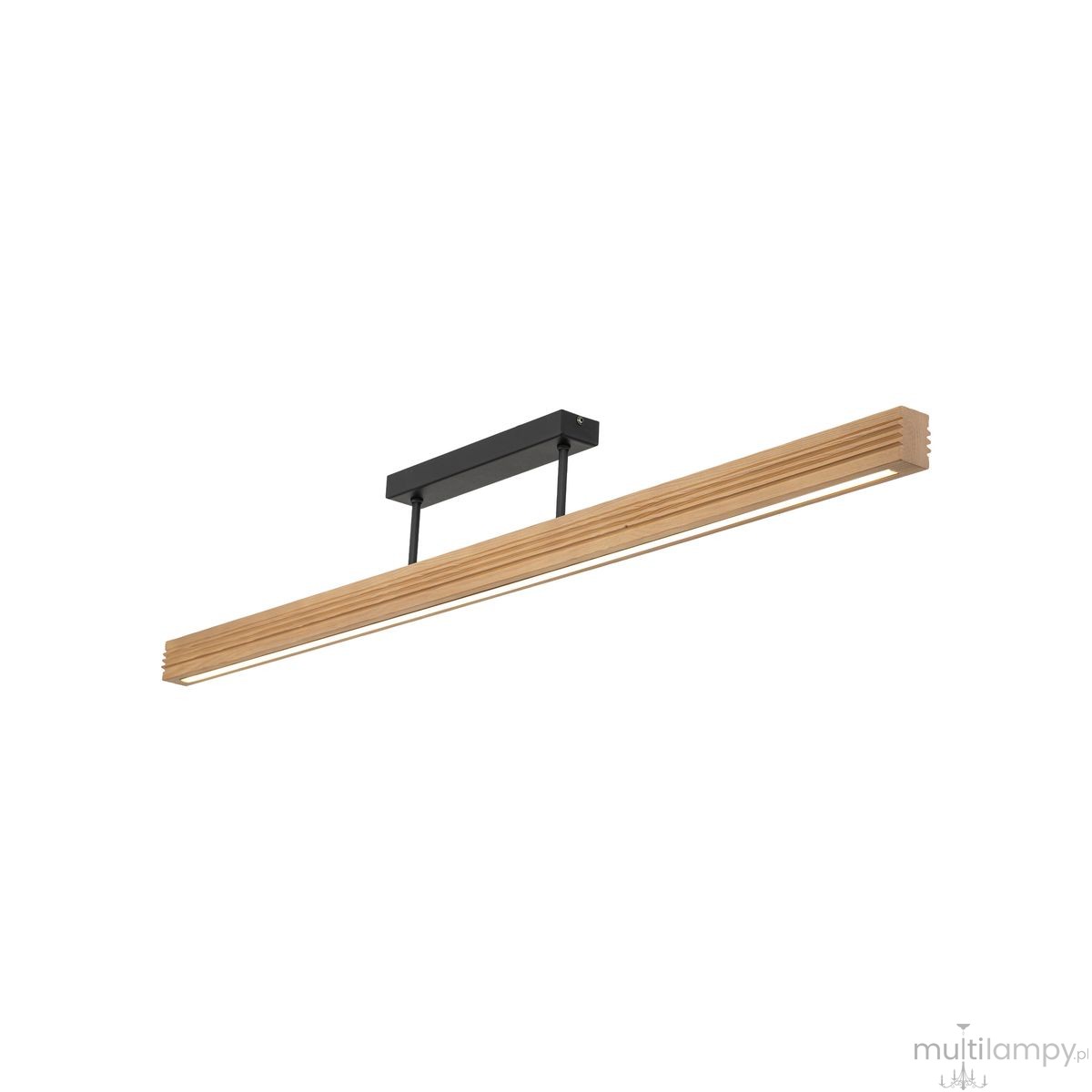 Lampa sufitowa LED Viga Wood o mocy 14W i temperaturze barwowej 3000K, w kolorze czarnym z elementami sosnowymi. Posiada prostokątną, drewnianą obudowę oraz metalowy uchwyt montażowy, zawieszona w poziomie, na jednolitym tle.