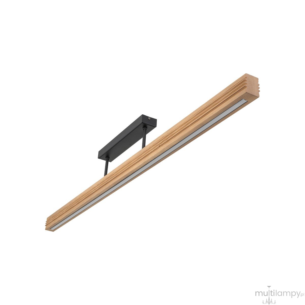 Lampa sufitowa LED Viga Wood 14W 3000K w kolorze czarnym i sosnowym. Prosta konstrukcja z drewnianym kloszem i metalowym mocowaniem, zawieszona przy suficie. Kąt ujęcia z boku, ukazuje detal wykonania i materiału. Idealna do nowoczesnych wnętrz.