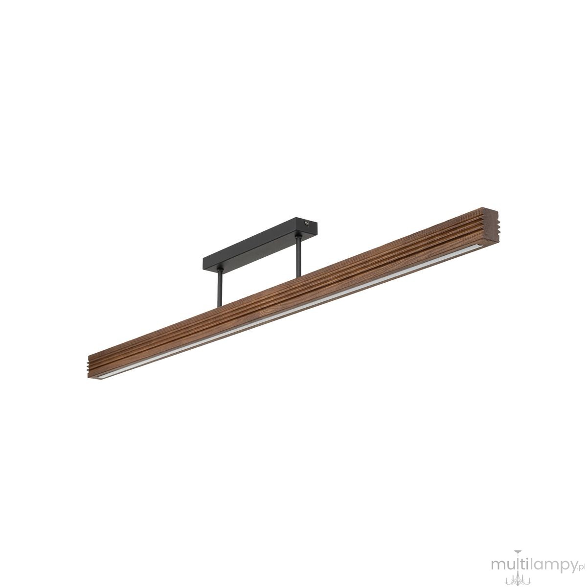 Lampa sufitowa LED Viga Wood 14W 3000K w kolorze czarnym i orzechowym, o prostokątnym kształcie. Ujęcie frontalne, zawieszona na czarnym uchwycie. Wysoka jakość wykonania z drewnianymi detalami, idealna do nowoczesnych wnętrz.