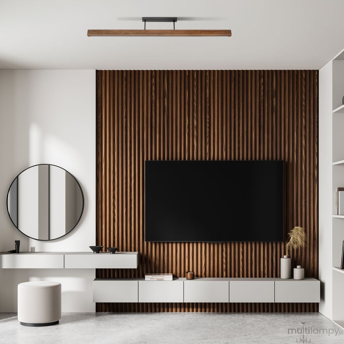 Lampa sufitowa LED Viga Wood 14W 3000K w kolorze czarnym i orzechowym. Zawieszona poziomo na prostokątnej podstawie, doskonale oświetla nowoczesne wnętrze. Tło z drewnianych paneli podkreśla elegancki design.