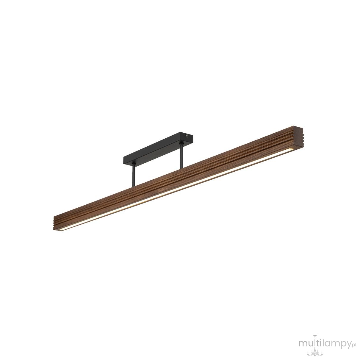 Czarna lampa sufitowa LED Viga Wood o mocy 14W i temperaturze barwowej 3000K. Posiada drewniany klosz w kolorze orzecha, montowana na prostokątnej, czarnej podstawie. Ujęcie frontalne, produkt wiszący, z widocznym źródłem światła.