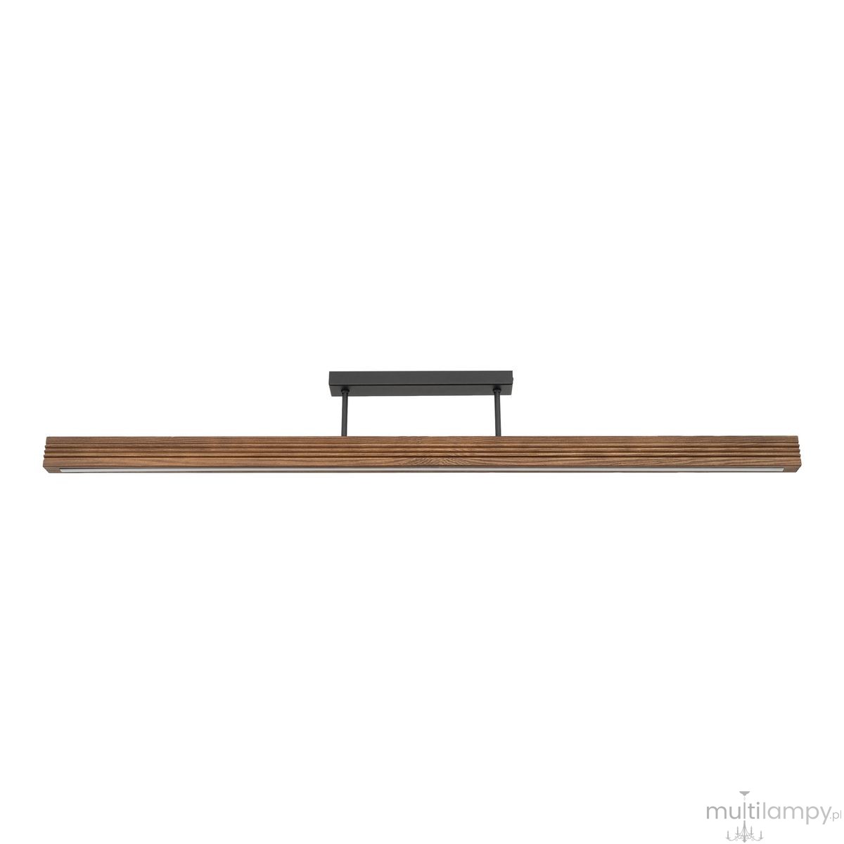Czarna lampa sufitowa LED Viga Wood o mocy 14W i temperaturze barwowej 3000K, z orzechowym drewnianym kloszem w formie prostokątnej, zamontowana na płaskim elemencie montażowym.
