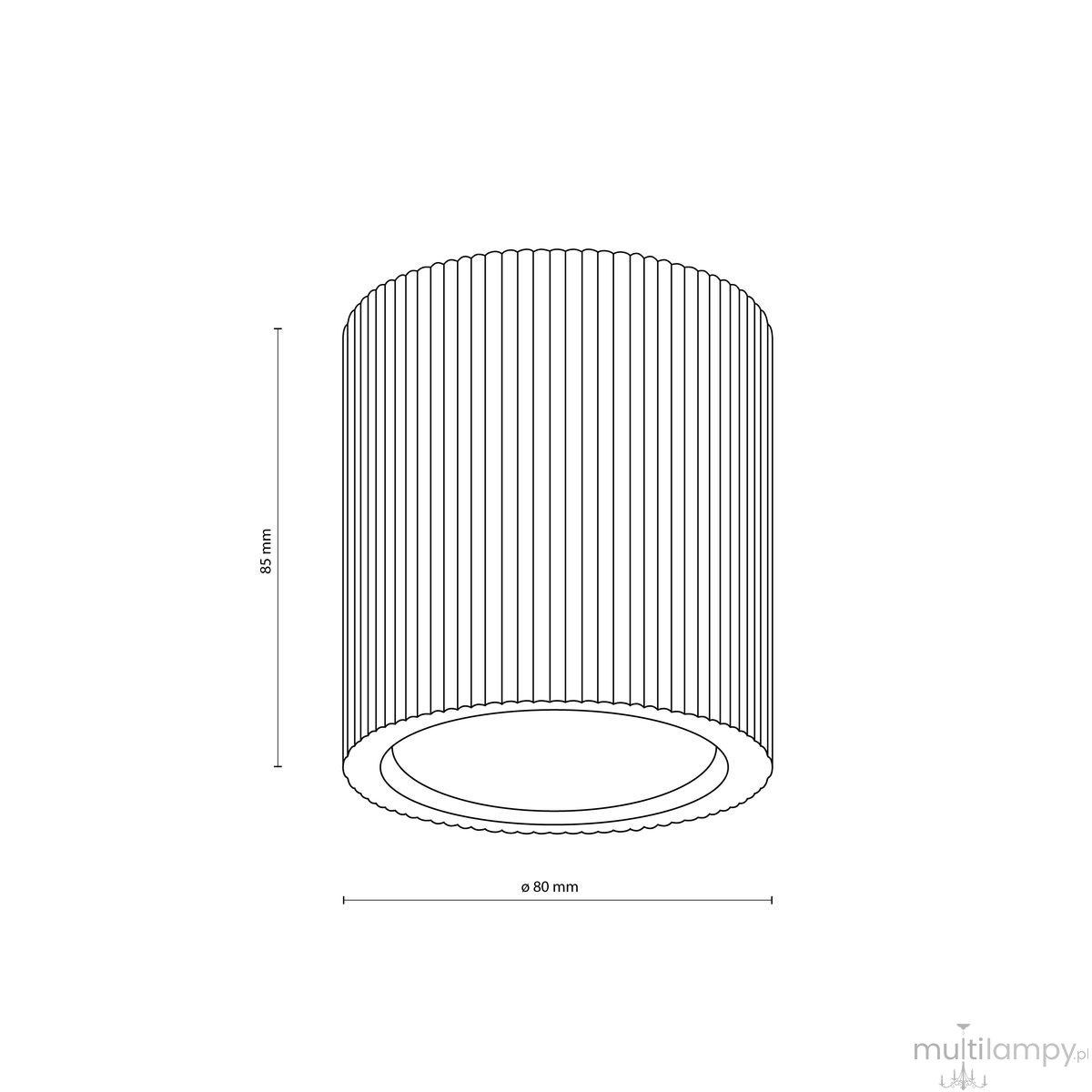 Lampa sufitowa Eve Corte 1xGU10 w kolorze bukowym. Owalny kształt z pionowymi żłobieniami. Wymiary: wysokość 85 mm, średnica 80 mm. Widok z boku, pokazujący szczegóły konstrukcji. Idealna do nowoczesnych wnętrz.