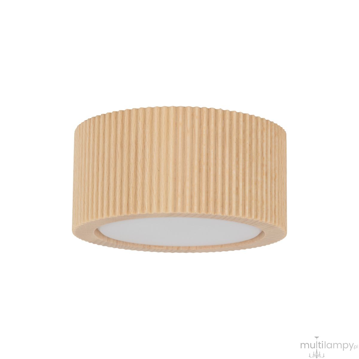 Lampa sufitowa Eve Corte z kloszem w kolorze naturalnego buku, o cylindrycznym kształcie i teksturze w poziome rowki. Wyposażona w oprawę na żarówkę GX53, montowana na suficie, z białym, okrągłym elementem dyfuzora.