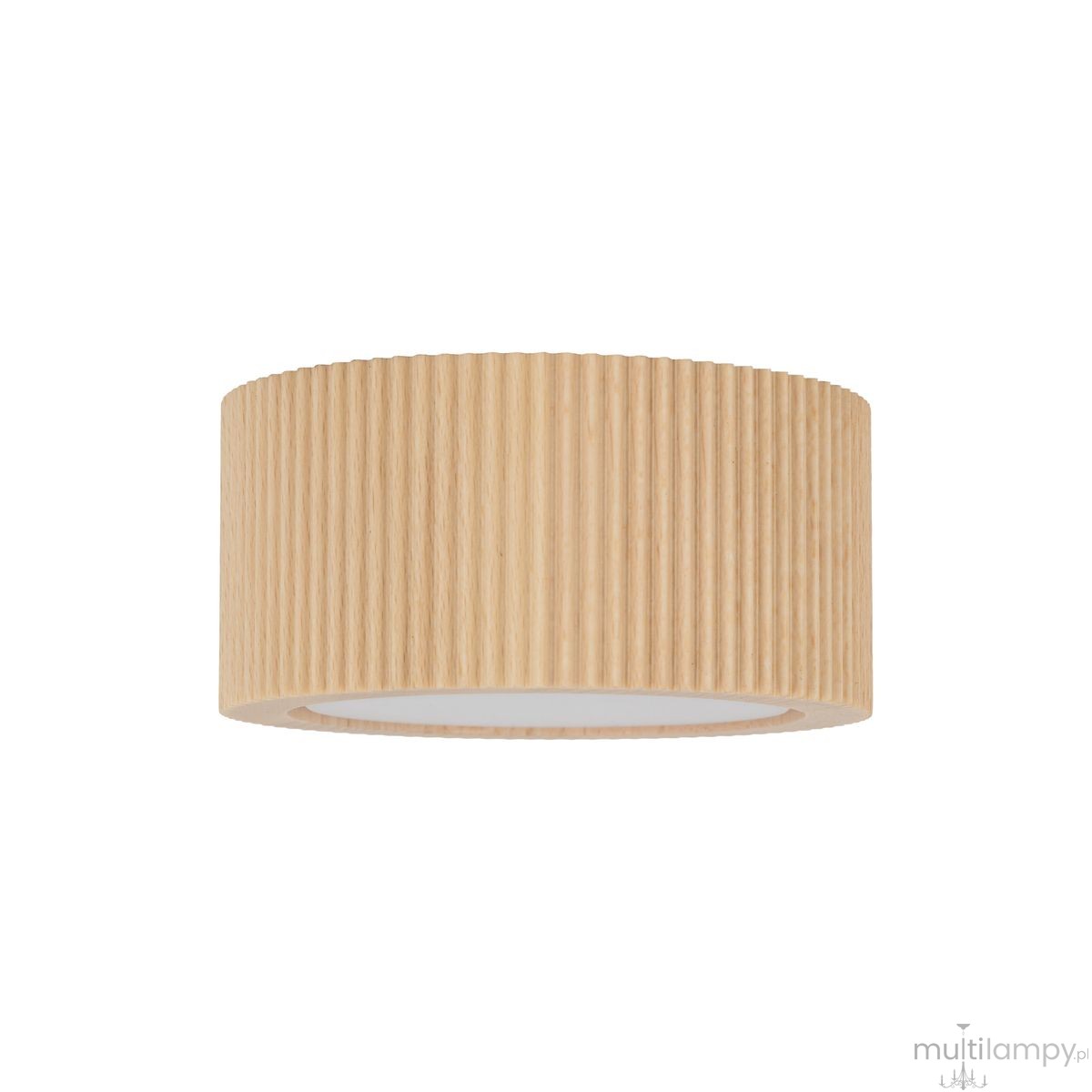 Lampa sufitowa Eve Corte 1xGX53 w kolorze naturalnego buku. Okrągła obudowa z wyraźnym, pionowym żłobieniem, montowana na suficie. Prosty design, idealna do nowoczesnych wnętrz. Tło białe, produkt widoczny w centralnej części kadru.