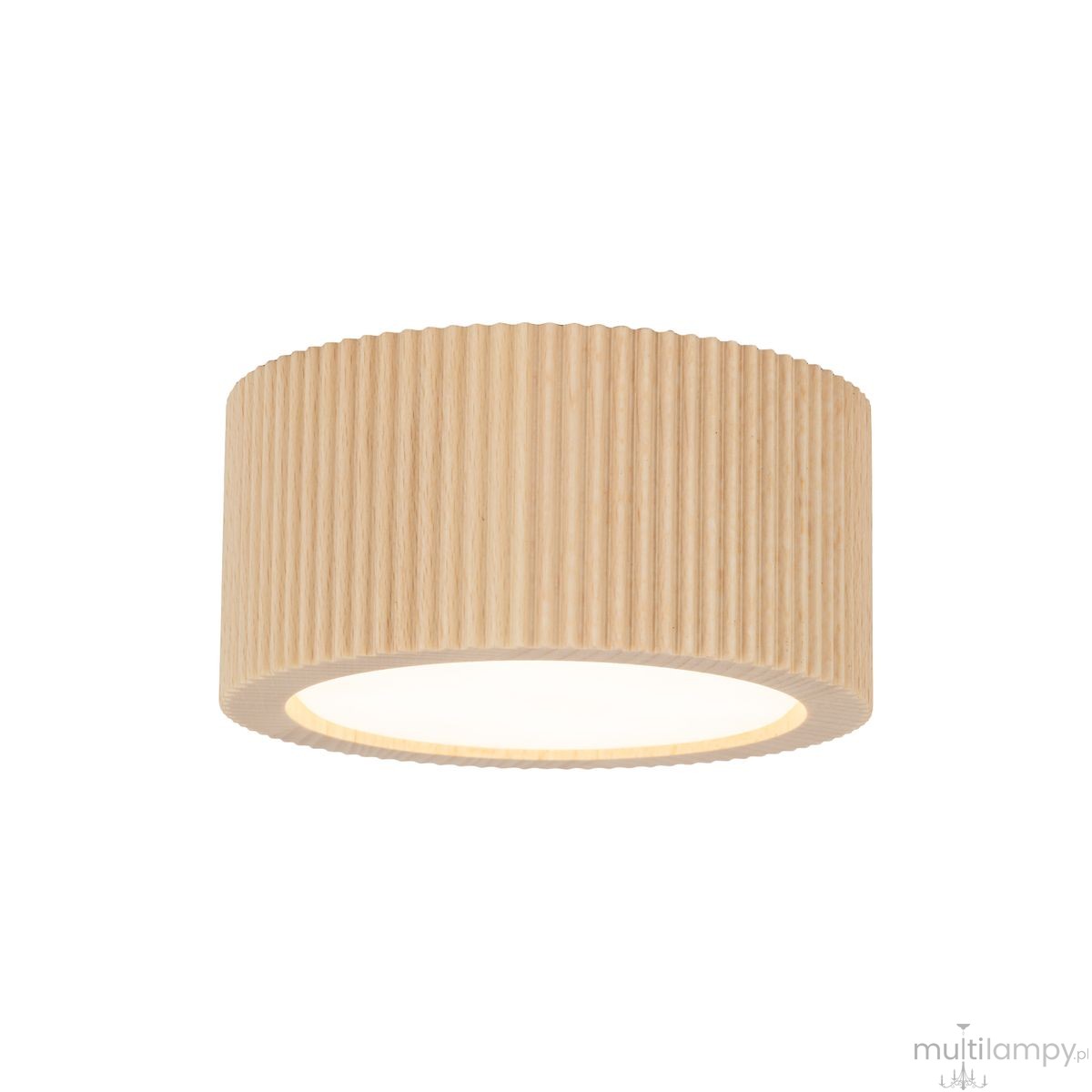 Lampa sufitowa Eve Corte 1xGX53 w kolorze bukowym, o cylindrycznym kształcie z teksturowaną powierzchnią w pionowe żłobienia. Produkt zamontowany na suficie, z okrągłym źródłem światła w centralnej części.