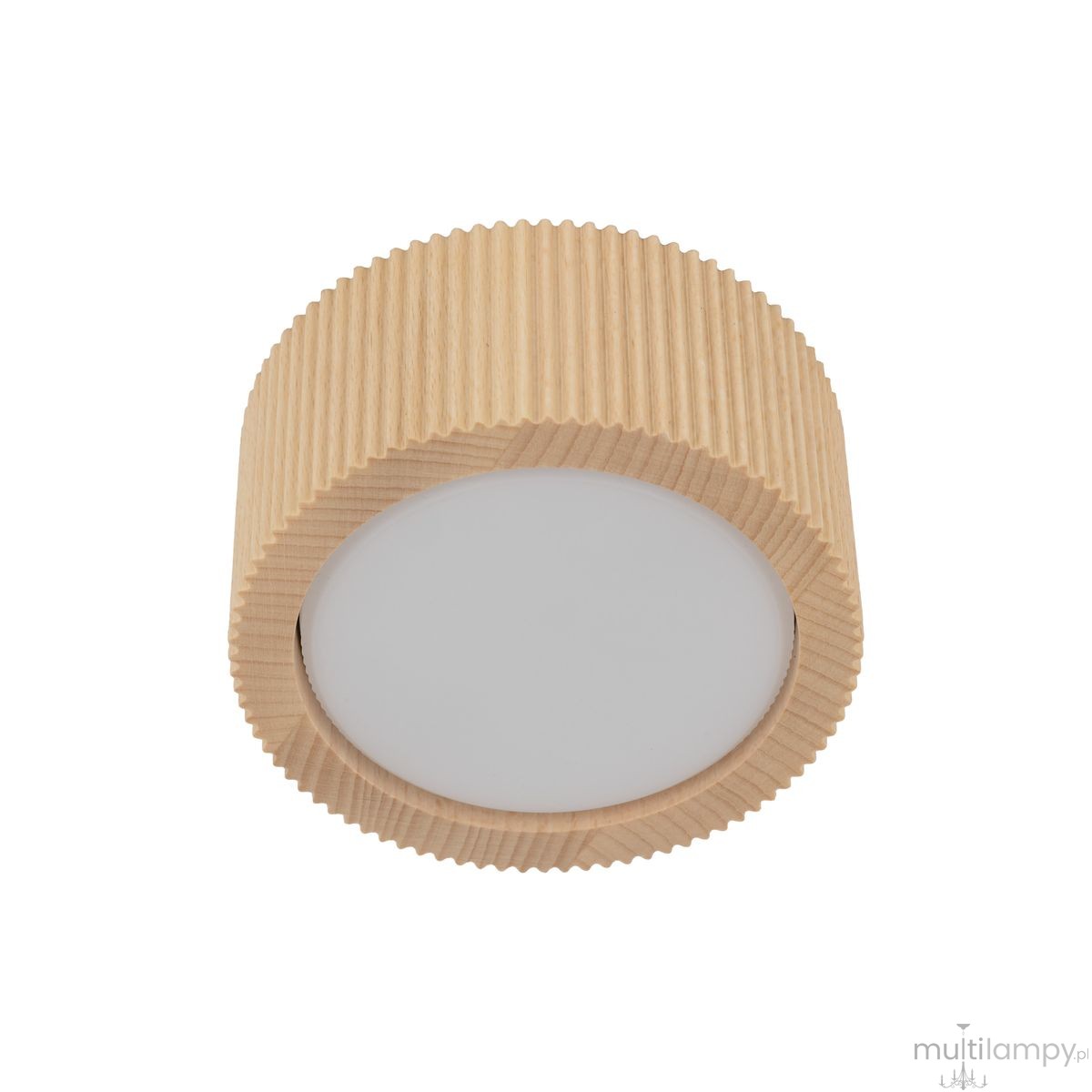 Lampa sufitowa Eve Corte 1xGX53 w kolorze bukowym, z okrągłym kloszem i żłobioną teksturą na obudowie, zamontowana w pozycji poziomej. Wymiary oraz detale wizualne podkreślają naturalny wygląd drewna.