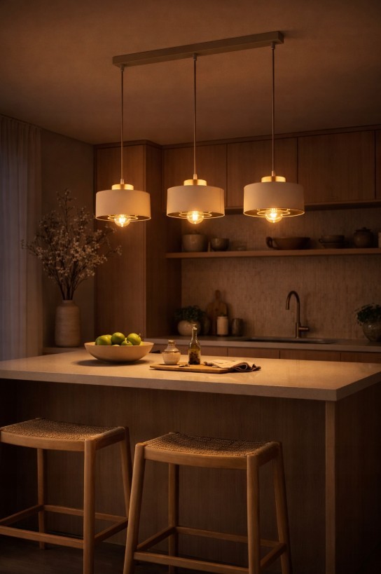 Beżowa lampa wisząca Sisu z trzema oprawami E27, zawieszona nad stołem w kuchni. Metalowy stelaż z kloszami w kolorze beżowym. W tle widoczne drewniane meble oraz naczynia, w tym miska z zielonymi jabłkami.