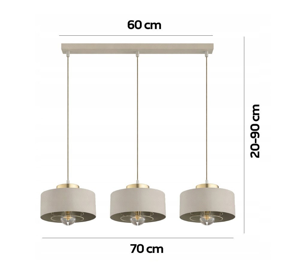 Beżowa lampa wisząca Sisu z trzema kloszami E27, zawieszona na prostokątnej podstawie. Wymiary: długość 60 cm, wysokość regulowana od 20 do 90 cm. Klosze okrągłe z metalowymi detalami, w zestawieniu z przezroczystymi żarówkami.