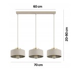 Beżowa lampa wisząca Sisu z trzema kloszami E27, zawieszona na prostokątnej podstawie. Wymiary: długość 60 cm, wysokość regulowana od 20 do 90 cm. Klosze okrągłe z metalowymi detalami, w zestawieniu z przezroczystymi żarówkami.