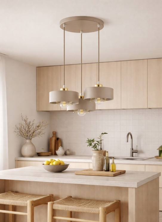 Beżowa lampa wisząca Sisu Round z trzema kloszami E27, zawieszona na cienkich linkach. Widoczna w kuchennej aranżacji nad stołem, z drewnianymi krzesłami i naturalnymi dekoracjami. Klosze mają złote detale, a tło stanowi jasna, minimalistyczna kuchnia.