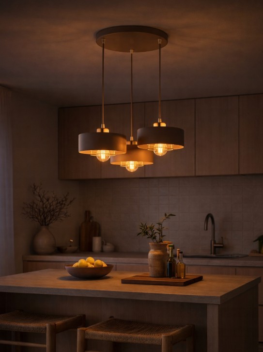 Beżowa lampa wisząca Sisu Round z trzema źródłami światła E27, zawieszona na długich przewodach. Lampy mają okrągłe klosze, emitujące ciepłe światło, w otoczeniu nowoczesnej kuchni z drewnianymi meblami i dekoracjami.