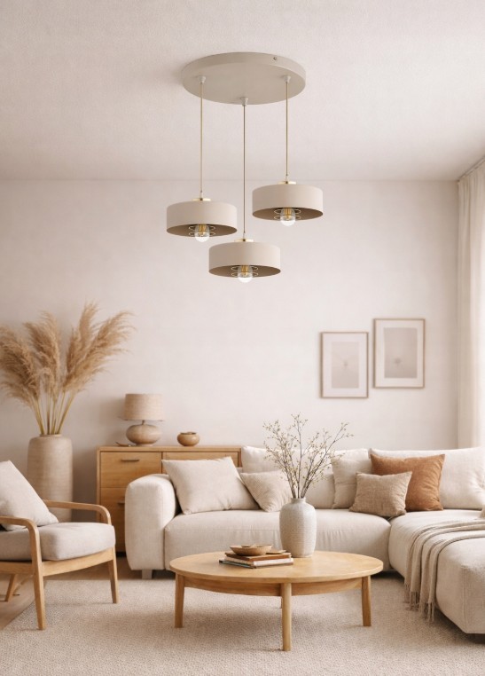 Beżowa lampa wisząca Sisu Round z trzema kloszami, zawieszona na długich przewodach z metalowym wykończeniem. Umieszczona w nowoczesnym wnętrzu, obok jasnej sofy i drewnianego stołu, tworzy przytulną atmosferę.