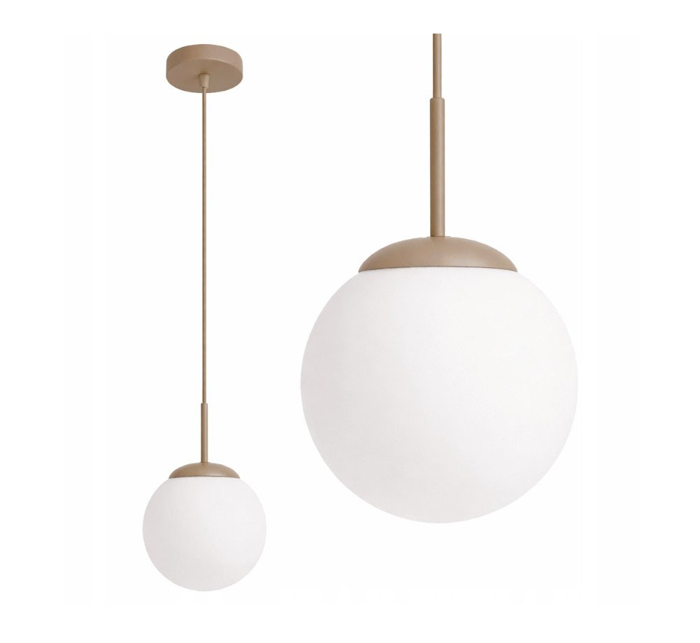 Lampa wisząca Sphere 1xE27 w kolorze beżowym, z kulistym kloszem z białego szkła. Zawieszona na cienkim, metalowym przewodzie, z okrągłym, beżowym mocowaniem sufitowym. Dwa różne rozmiary kul w jednej aranżacji.