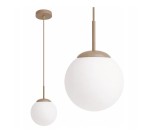 Lampa wisząca Sphere 1xE27 w kolorze beżowym, z kulistym kloszem z białego szkła. Zawieszona na cienkim, metalowym przewodzie, z okrągłym, beżowym mocowaniem sufitowym. Dwa różne rozmiary kul w jednej aranżacji.
