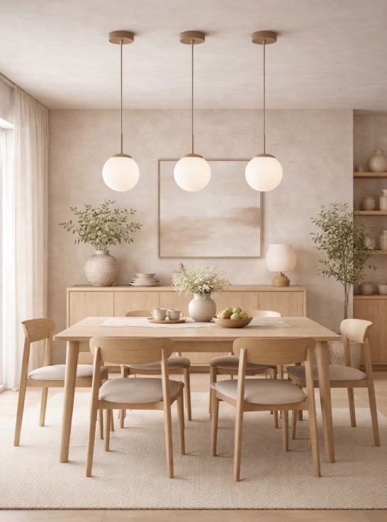 Beżowa lampa wisząca Sphere z jedną oprawą E27, zawieszona na trzech cienkich przewodach, umiejscowiona w jadalni nad drewnianym stołem, otoczona krzesłami i dekoracjami. W tle widać jasną ścianę z roślinami i obrazem.