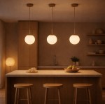 Beżowa lampa wisząca Sphere z jednym gniazdem E27, zawieszona na cienkim przewodzie. W tle widoczna drewniana kuchnia z jasnym blatem i okrągłą misą owoców. Lampa ma okrągły, mlecznobiały klosz, emitujący miękkie światło.