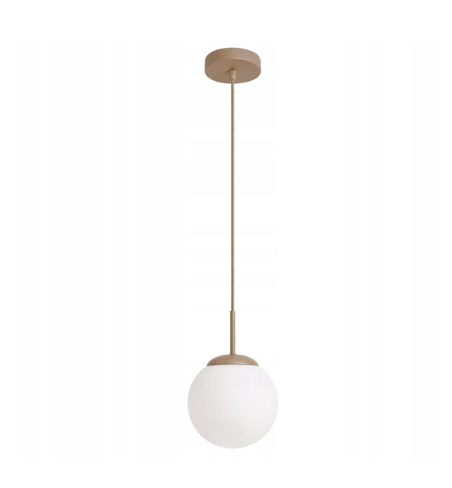Beżowa lampa wisząca Sphere z pojedynczym gniazdem E27. Kula ze szkła mlecznego zawieszona na cienkim, metalowym przewodzie. Prosty, elegancki design, idealna do nowoczesnych wnętrz. Ujęcie frontalne, na jednolitym tle.