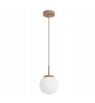 Beżowa lampa wisząca Sphere z pojedynczym gniazdem E27. Kula ze szkła mlecznego zawieszona na cienkim, metalowym przewodzie. Prosty, elegancki design, idealna do nowoczesnych wnętrz. Ujęcie frontalne, na jednolitym tle.