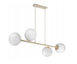 Beżowa lampa wisząca Sphere z czterema kulistymi kloszami w białym kolorze. Klosze umieszczone na prostokątnej, beżowej podstawie, zawieszone na cienkich linkach. Nowoczesny design, idealna do różnych aranżacji wnętrz.