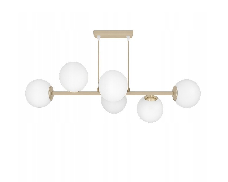 Beżowa lampa wisząca Sphere z sześcioma kulistymi kloszami w białym kolorze, zamontowana na prostokątnej podstawie. Klosze są równomiernie rozmieszczone na metalowym stelażu, co tworzy nowoczesny design.