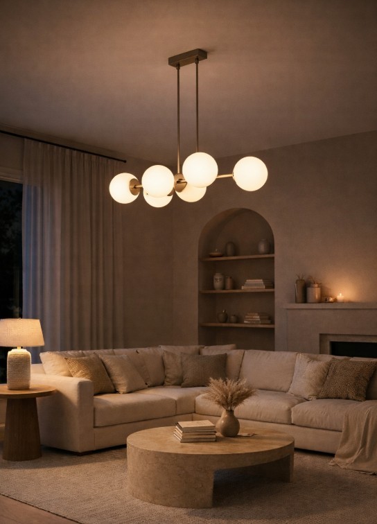 Beżowa lampa wisząca Sphere z sześcioma oprawami E27, umieszczona w nowoczesnym wnętrzu. Zawieszona nad okrągłym stołem, z okrągłymi, mlecznymi kloszami, tworzy ciepłą atmosferę. W tle widoczne meble i dekoracje w neutralnych kolorach.