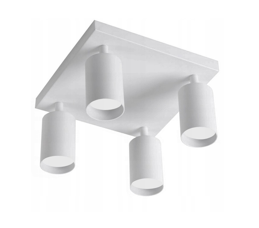 Lampa sufitowa Spoti SQ w kolorze białym z czterema cylindrycznymi spotami na żarówki GU10. Produkt zamontowany na kwadratowej podstawie, widoczny z dołu, pokazujący prosty, nowoczesny design.