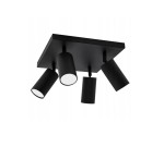 Czarna lampa sufitowa Spoti SQ z czterema reflektorami na kwadratowej podstawie. Reflektory w kształcie cylindrów, skierowane w różnych kierunkach, przeznaczone na żarówki GU10. Produkt montowany na suficie, minimalistyczny design.