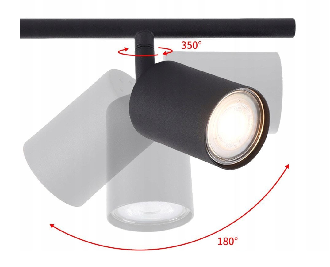 Lampa sufitowa Stico w kolorze czarnym z dwoma reflektorami GU10. Reflektory obracają się o 350° i przechylają o 180°. Solidna konstrukcja z matowego materiału, idealna do nowoczesnych wnętrz.