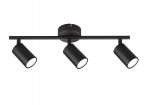 Lampa sufitowa Stico w kolorze czarnym z trzema reflektorami typu GU10. Kąt ujęcia frontalny, produkt montowany do sufitu. Reflektory o cylindrycznym kształcie, matowa powierzchnia, umieszczone na poziomej listwie.