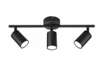 Czarna lampa sufitowa Stico z trzema ruchomymi reflektorami GU10, zamontowana na prostokątnej podstawie. Reflektory mają cylindryczny kształt, matową powierzchnię i białe wnętrze, co pozwala na efektywne rozpraszanie światła.