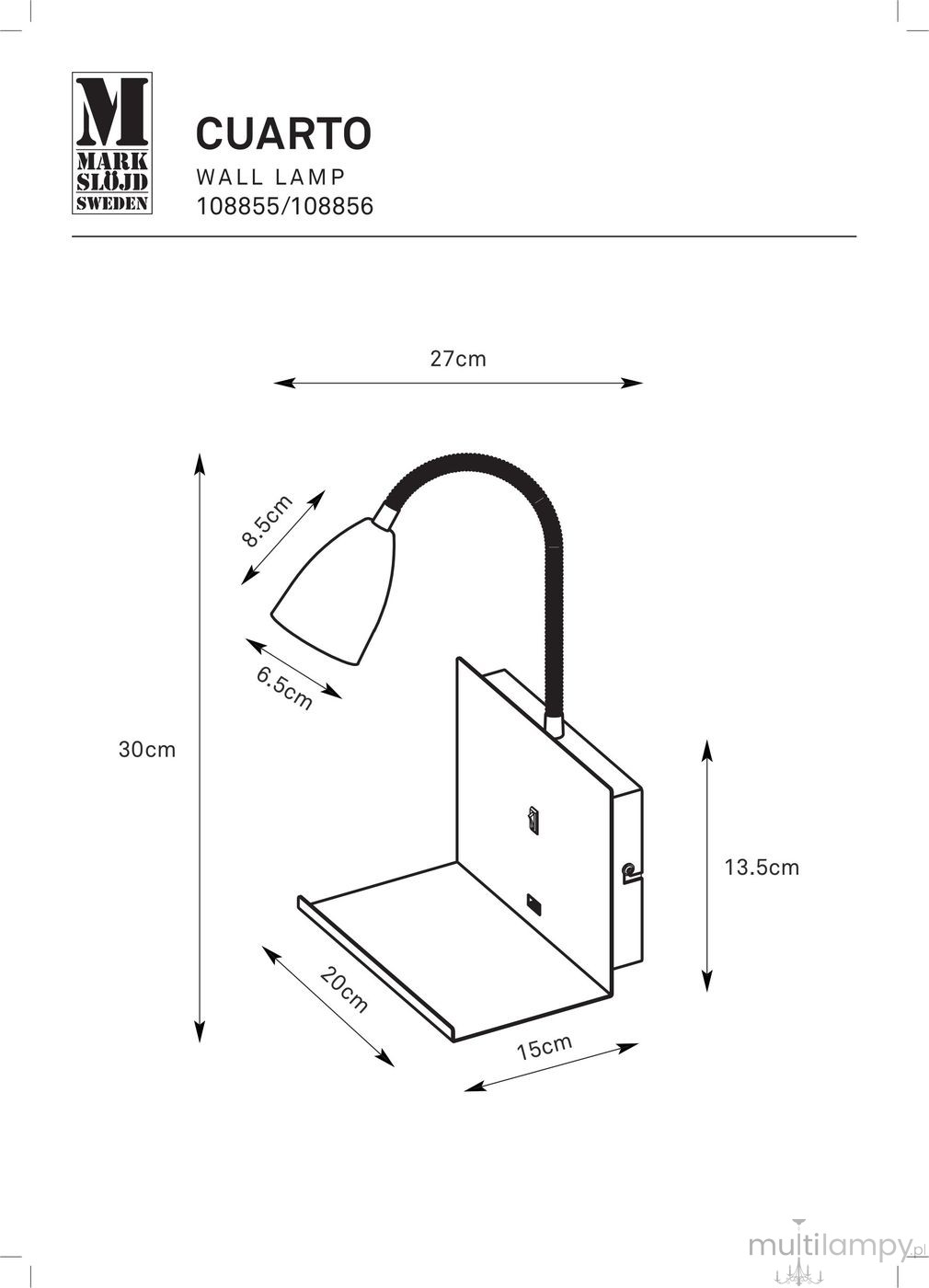Cuarto kinkiet GU10 w kolorze białym z portem USB, z elastycznym ramieniem do regulacji kierunku światła. Wymiary: 27 cm szerokości, 30 cm wysokości, 20 cm głębokości. Prosta forma montażu na ścianie.